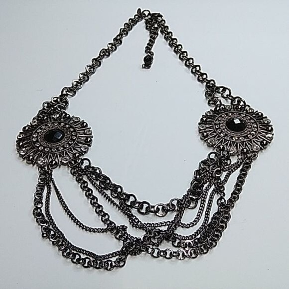 Signed Express Black and‎ Rhinestone Multi-strand Statement necklace